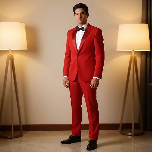 Photograph of a young man with dark hair in a bright red suit, black bow tie, white shirt, and black shoes, standing between two lit