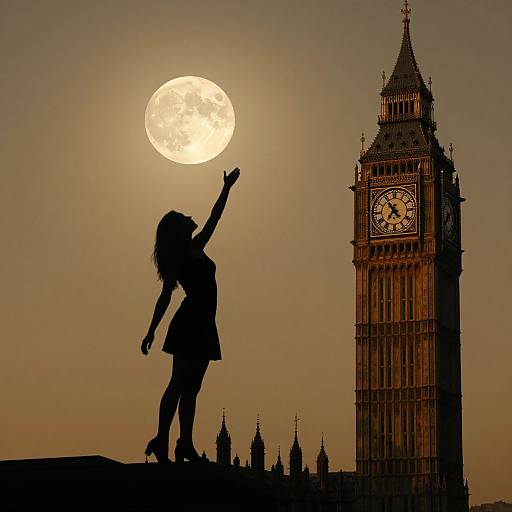 Silhouetted woman with long hair reaches up at full moon, beside London's Big Ben clock tower, against a sunset sky.