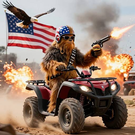 Chewbacca Riding Quad Bike with American Flag Helmet
