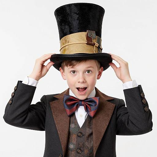 Photograph of a young boy in Victorian attire, black top hat with gold band, brown jacket, red-and-blue bow tie, surprised expression, holding