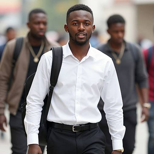 Photograph of confident Black man in white shirt, black pants, and backpack, with short hair and beard, walking in urban setting, blurred background of