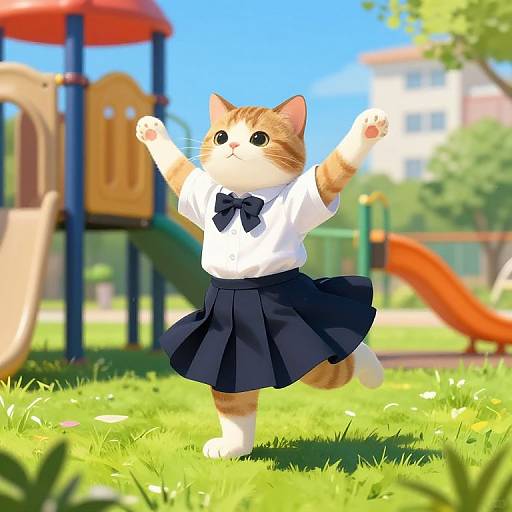 Digital illustration of a cute, orange tabby kitten wearing a white shirt and navy blue skirt, joyfully running with arms raised in a sunny, vibrant