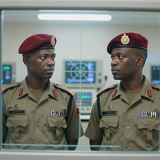 Two African-American Soldiers in Uniforms with Radar Screen