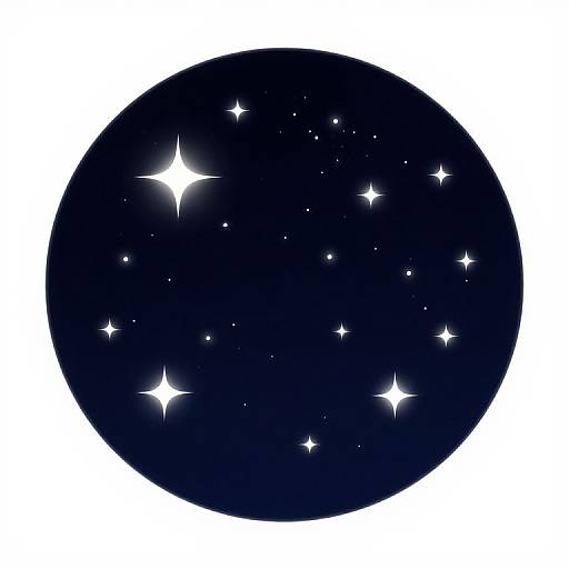 Digital illustration of a dark blue circle with white, sparkling stars scattered across its surface, set against a plain white background.