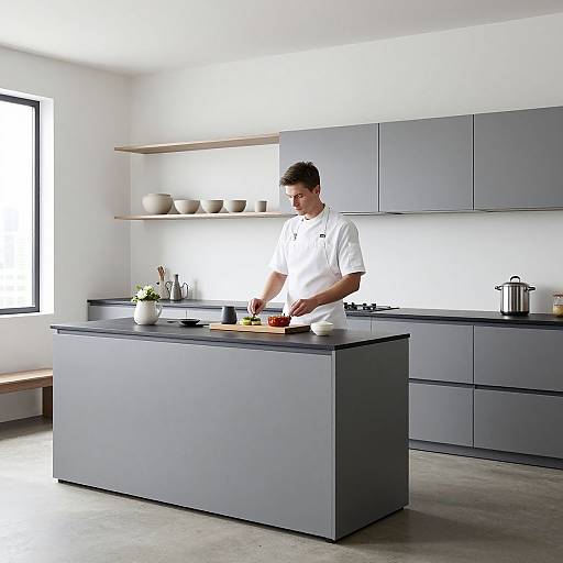 Photograph: Modern kitchen with gray cabinets, white walls, and a man in a white shirt slicing vegetables on a gray island. Bright natural light from