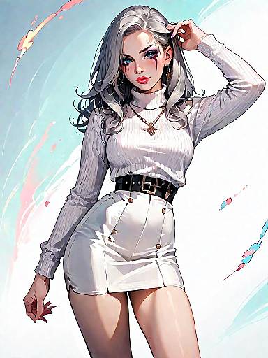 Stylish Woman in White Sweater and Skirt