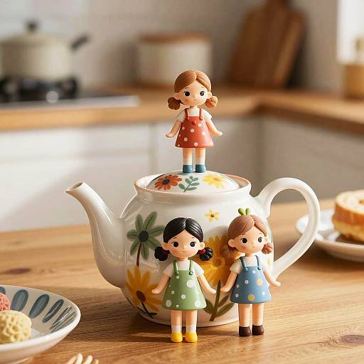 Dekopin Figures on Patterned Teapot