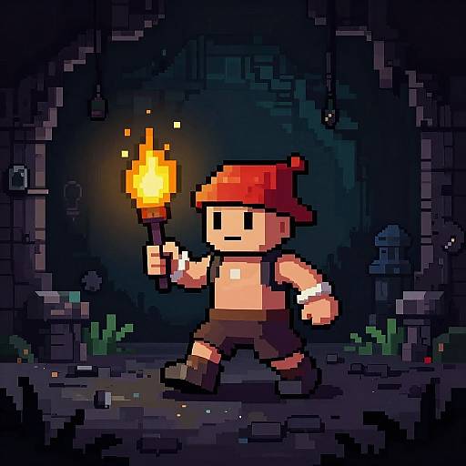 Pixel art of a red-hatted, shirtless adventurer holding a torch, walking through a dark, rocky cave with scattered plants.