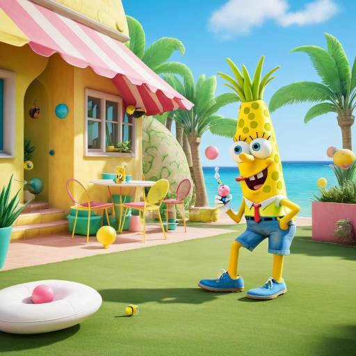 Pineapple SpongeBob Character Playing with Bubble Pipe