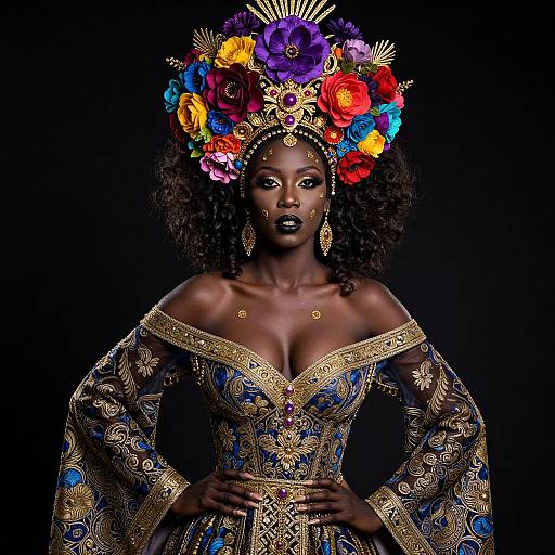 Photograph of a dark-skinned African woman with vibrant floral headdress, gold jewelry, ornate blue and gold off-shoulder dress, against