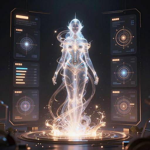 Digital artwork: Glowing, ethereal female figure with long, flowing hair and intricate, luminescent patterns, standing on a circular, fiery pedestal