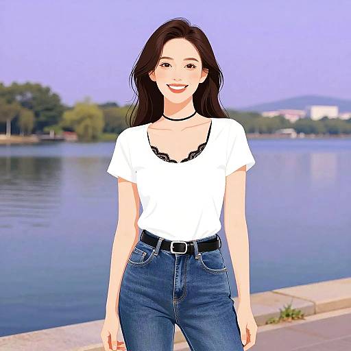 Digital illustration of a smiling Asian woman with long black hair, wearing a white t-shirt with black lace trim, blue jeans, and a black choker