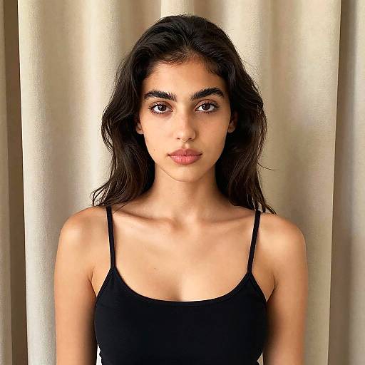 Photograph of a young woman with long, wavy black hair, wearing a black spaghetti-strap top, standing against a beige curtain background. She