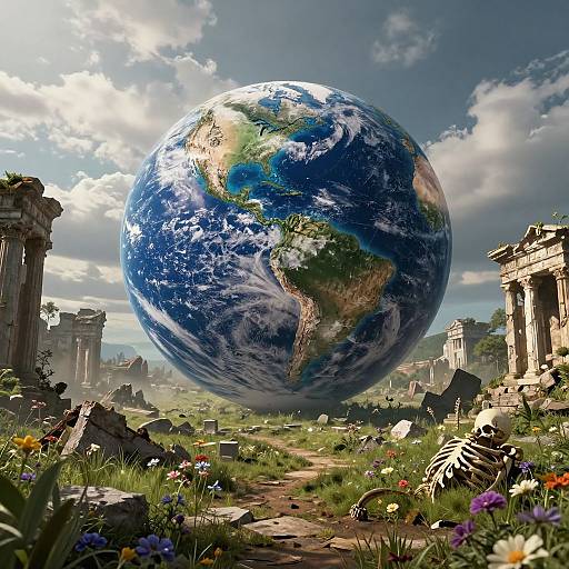 Photorealistic digital art: massive Earth floating above ancient, ruined cityscape with tall columns, vibrant flowers, and a clear, sunny sky.