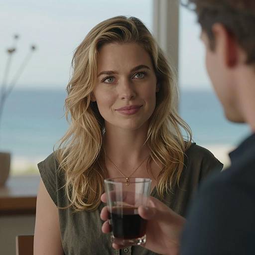 Blonde Woman with Glass near Ocean View