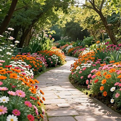 Photograph of a sunlit garden path lined with vibrant orange, pink, and white flowers, flanked by lush greenery and tall trees.
