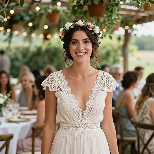 Photograph of a smiling woman with dark hair in a floral crown, wearing a white lace deep V-neck wedding dress, standing at an outdoor, string