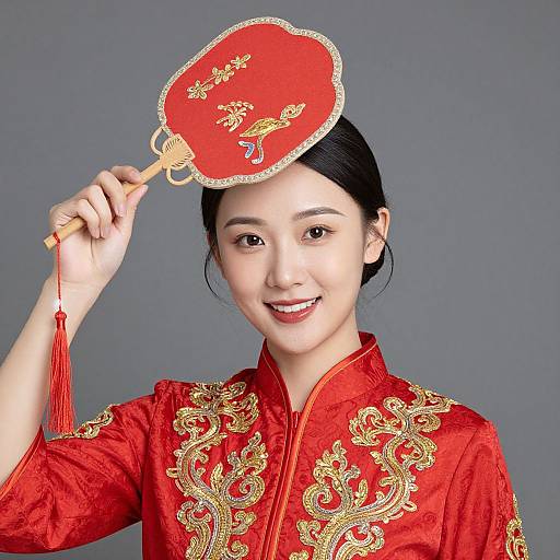 Asian woman in red, gold-embroidered traditional Chinese dress holding red ornate fan with gold designs, smiling against gray background.