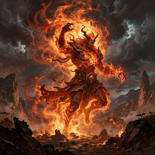 Digital artwork of a massive, fiery, demon-like creature with glowing orange flames, towering over a dark, stormy landscape with jagged rocks and lightning