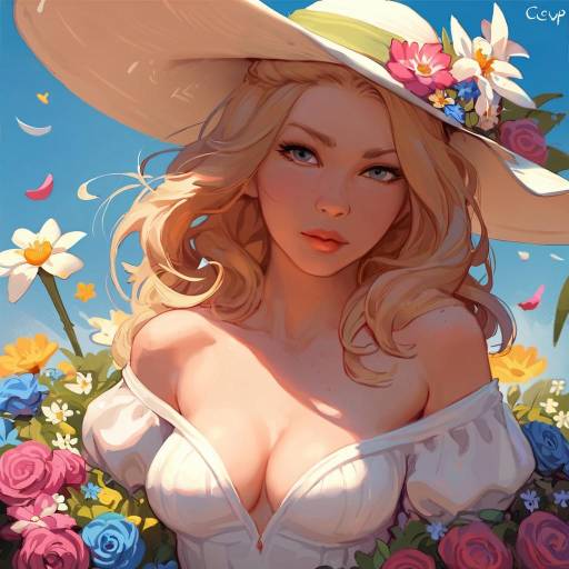 Blonde Beauty in Sun Hat with Flowers