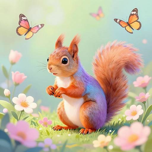 Digital illustration of a cute, fluffy red squirrel with large eyes, sitting on grass, surrounded by pink flowers, and two orange butterflies fluttering above.