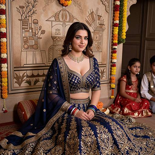 Photograph of a beautiful Indian woman with dark hair, wearing an ornate navy blue and gold traditional lehenga, gold jewelry, and intricate embroidery,