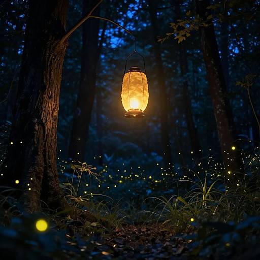 Photograph of a glowing lantern hanging in a dark, enchanted forest, surrounded by twinkling fireflies, with deep blue hues and lush greenery.