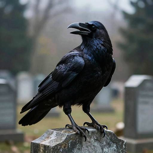 Photograph of a black raven with glossy feathers, standing on a weathered stone, mouth slightly open, in a blurred cemetery background.