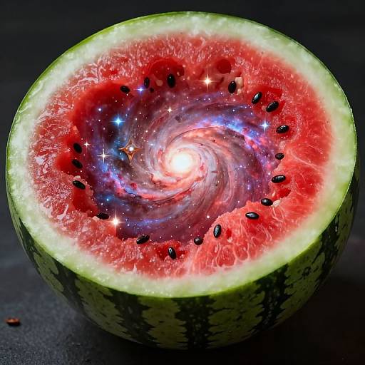 Photorealistic digital artwork of a watermelon slice with a vibrant, swirling galaxy center, dotted with black seeds, glowing brightly against a dark background.