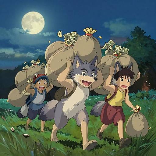 Happy Wolves Carrying Money Bags