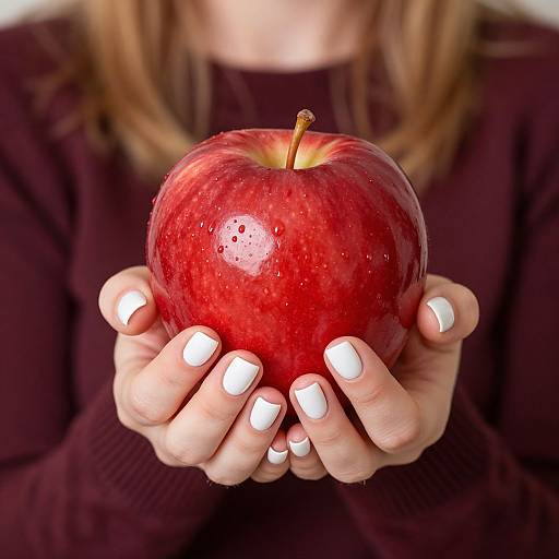 Photograph of a person with light skin and white nail polish, wearing a maroon sweater, holding a shiny, red apple with droplets.