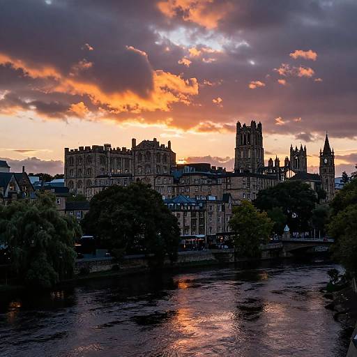 Photograph of a cityscape at sunset, featuring Gothic-style buildings silhouetted against a vibrant, orange and purple sky. River in foreground reflects