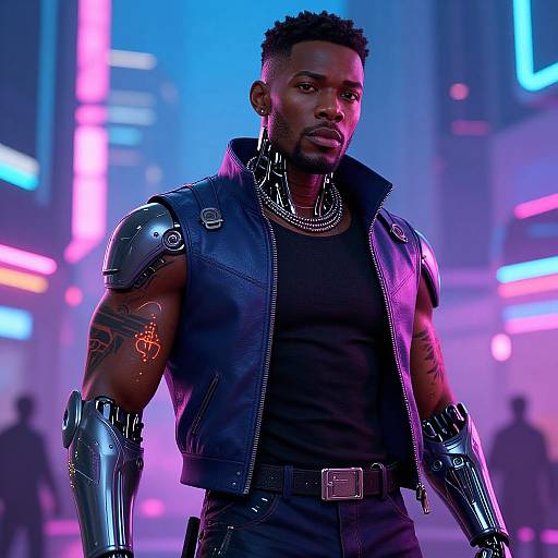 Photorealistic CGI of a muscular Black man with short hair, cybernetic arm and shoulder armor, black leather vest, neon-lit futuristic city