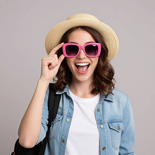 Photograph of a smiling woman with brown wavy hair, wearing a beige straw hat, pink oversized sunglasses, denim jacket, and white shirt, touching