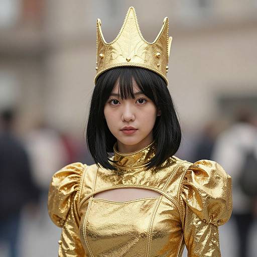 Photograph of an Asian woman with black bob hair, wearing a shiny gold crown and matching metallic gold dress with puffed shoulders, standing outdoors in a