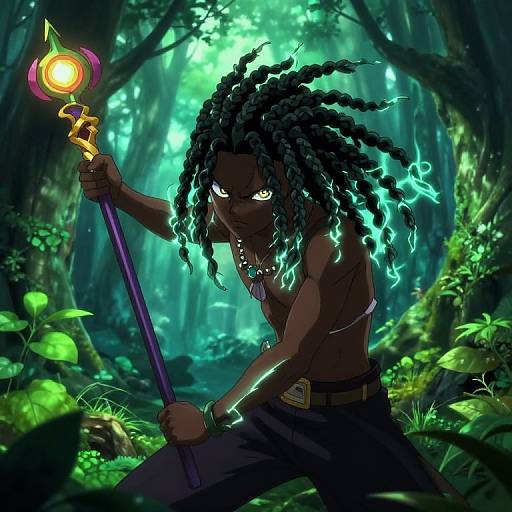 Digital art of a dark-skinned, topless, muscular, dreadlocked forest warrior with glowing turquoise hair, holding a magical staff in a lush,