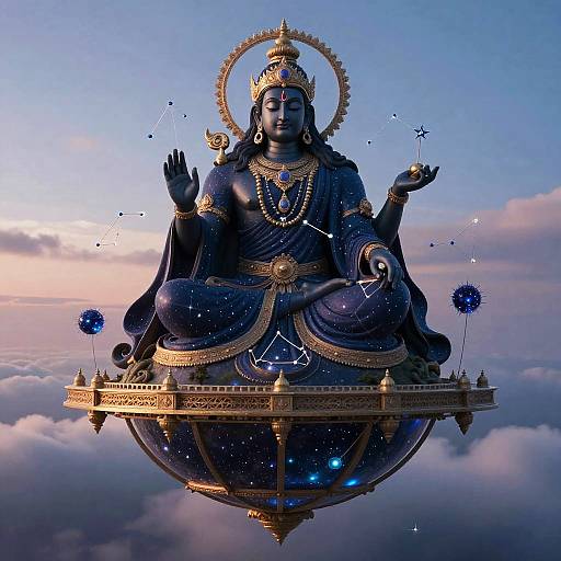 Digital artwork of a blue-skinned, celestial Hindu goddess with a golden halo, seated on a starry sphere, surrounded by clouds, wearing ornate