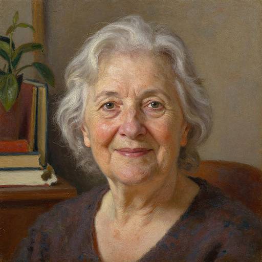 Realistic digital painting of an elderly woman with wavy gray hair, fair skin, and a gentle smile, wearing a dark top, in a warmly