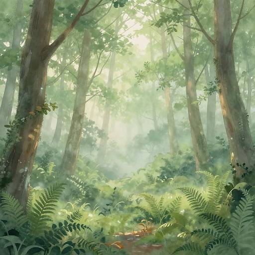 Luminous forest scene with sunlight filtering through tall trees, casting a green glow on dense ferns and foliage below. Digital art.