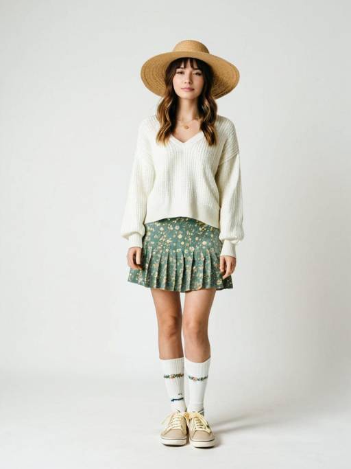 Casual Boho Woman in Sweater and Floral Skirt