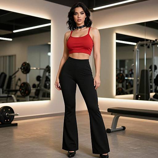 Photograph of a fit woman with dark wavy hair, wearing a red sports bra, black high-waisted flare pants, and black heels,
