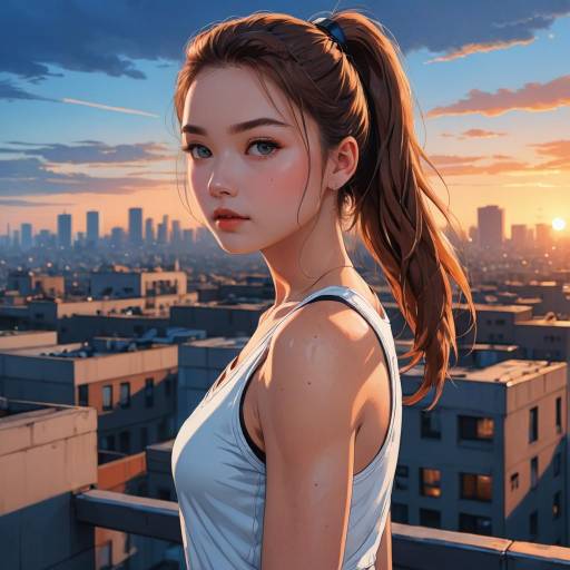 Anime Woman on Rooftop at Sunset