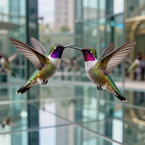 Photograph of two vibrant, iridescent hummingbirds with green, purple, and white feathers mid-flight, facing each other in a modern, glass