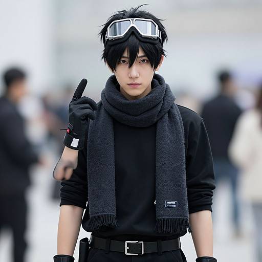 Photograph of an Asian man with black hair, goggles, black scarf, gloves, and black outfit, pointing a finger, blurred city background.
