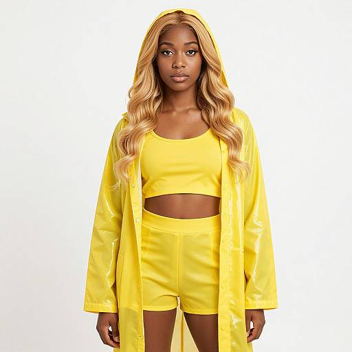 Photograph of a confident Black woman with long, wavy blonde hair, wearing a bright yellow crop top, matching shorts, and an oversized yellow jacket