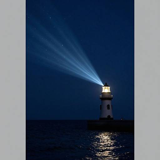 Photograph of a white lighthouse with a bright blue light beam shining across a dark, starry night sky and calm sea.