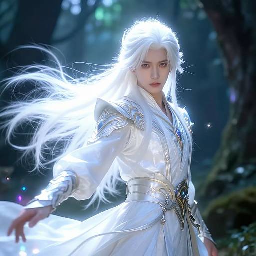 Photorealistic CGI of a white-haired, pale-skinned elf in glowing white armor, standing in a dark, mystical forest, with ethereal light