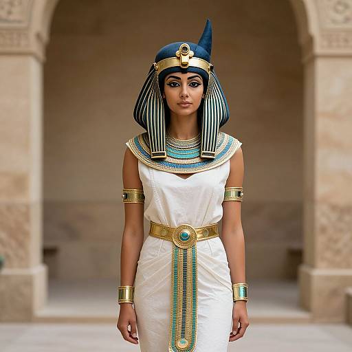 Digital artwork of an Egyptian woman in white dress, blue-striped headdress, gold jewelry, standing in front of a stone archway.