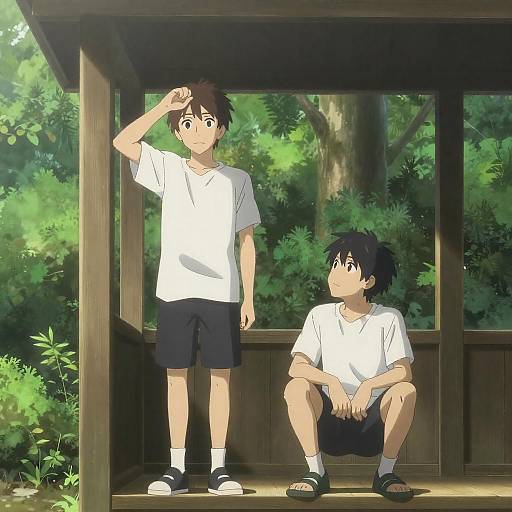 Anime Boys in a Forest Shelter