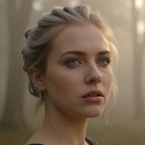 Photorealistic portrait of a young woman with fair skin, blue eyes, and braided blonde hair, standing in a misty forest.